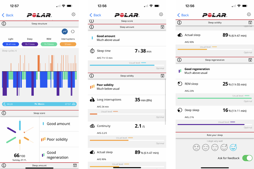 Man sieht die Schlafaufzeichnung in der Polar Flow App.